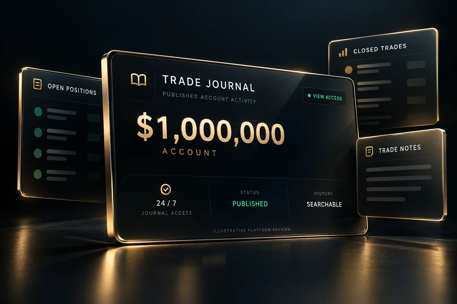 Illustrative TraderWealthPro trade journal showing a $1,000,000 account, open positions, closed trades and notes.